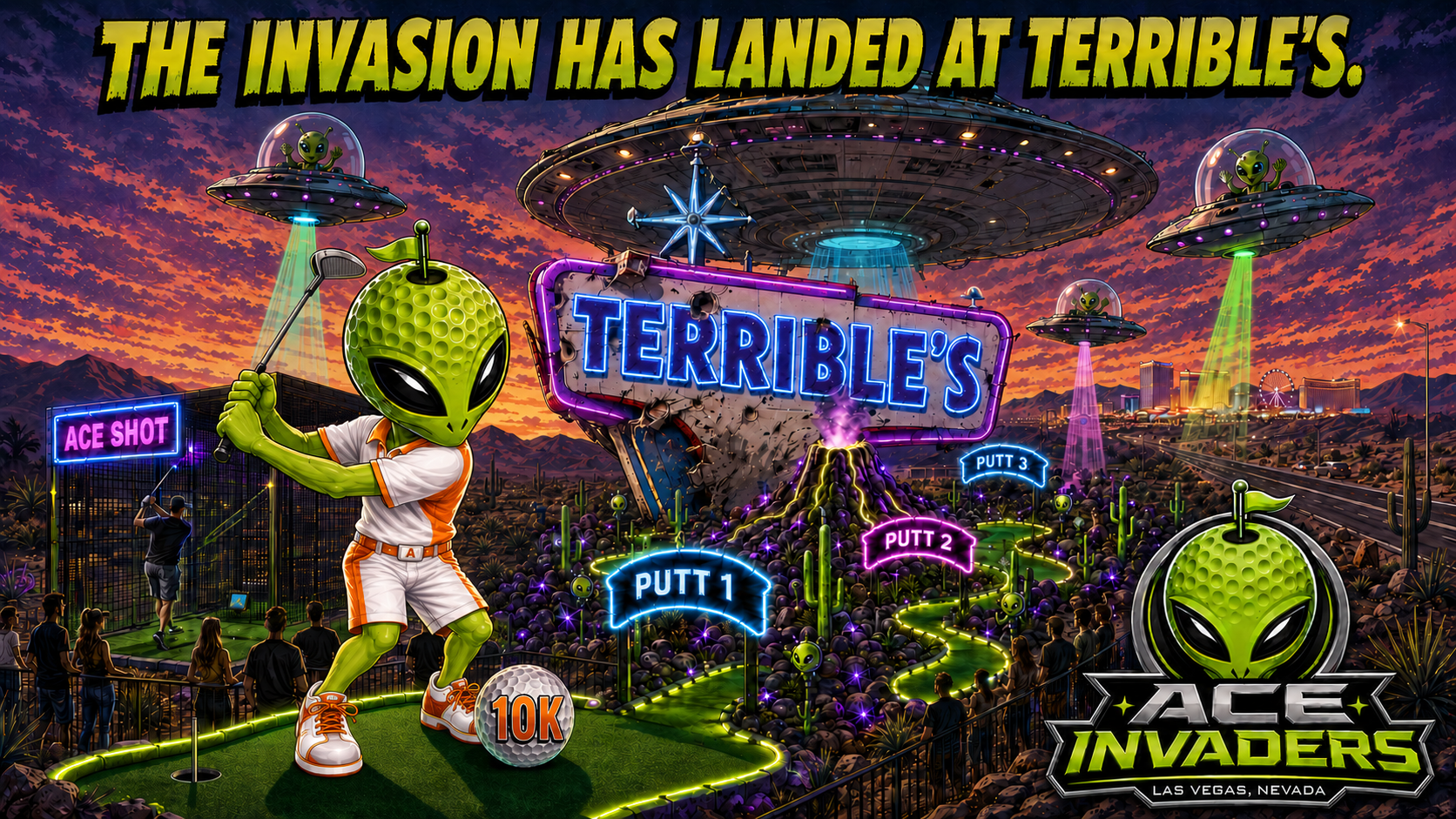 Ace Invaders alien golf attraction campaign concept at Terrible's in Primm