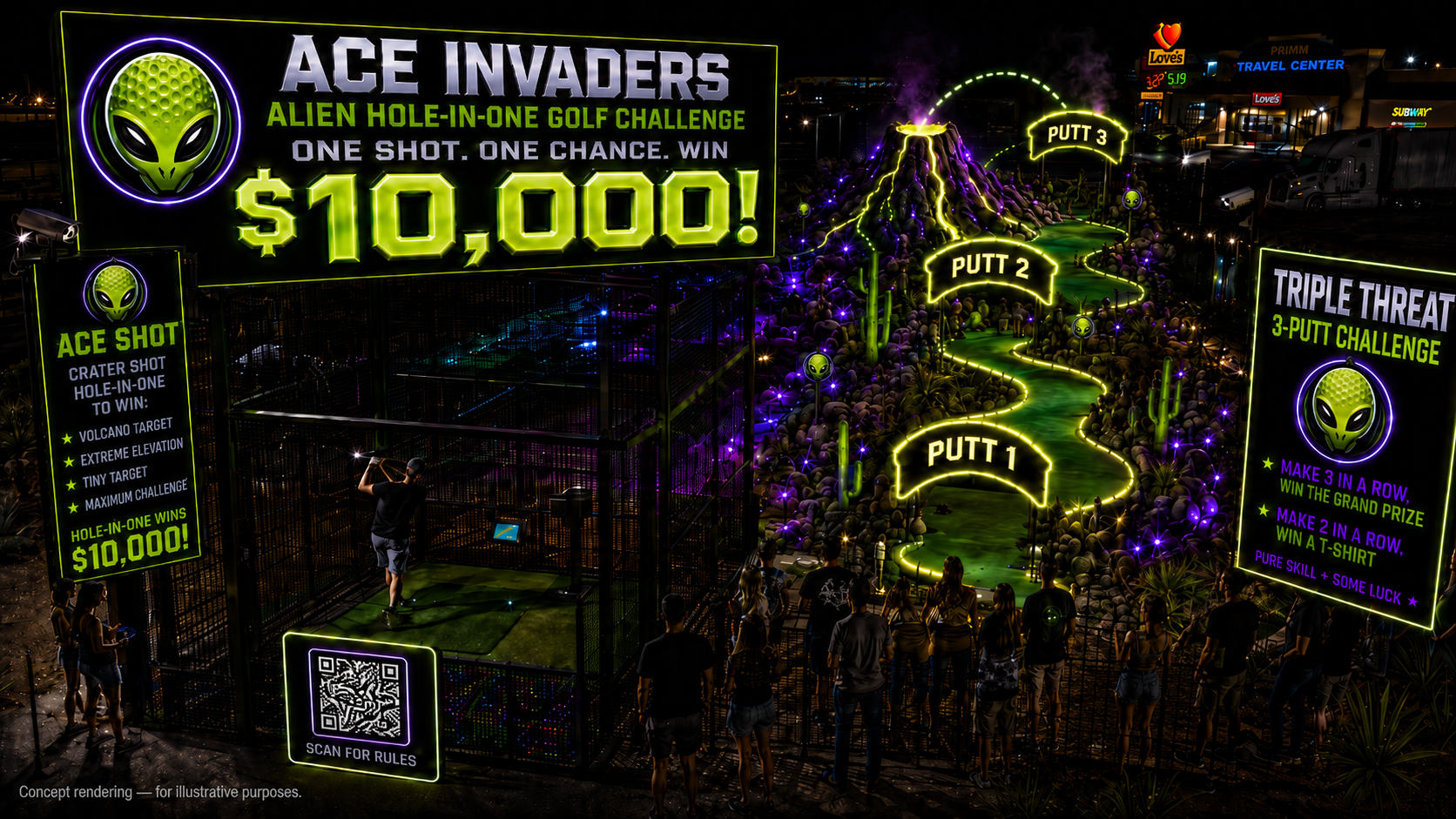 Concept rendering of the Ace Invaders volcano hole-in-one attraction and Triple Threat putting challenge